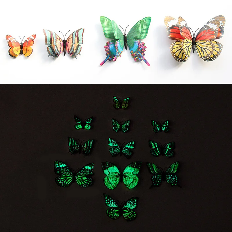 

12pcs Luminous 3d Double Layer Butterfly Wall Sticker Art Decal Home Decor for Mural Stickers DIY Decals PVC Christmas Wedding