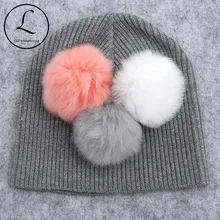 Милый мягкий, для новорожденного ребенка, мальчики, девочки, шерсть, Ribbied, вязаные шапочки, шапки, новинка, детские, для младенцев, настоящий мех, помпон, шапочки, шапки