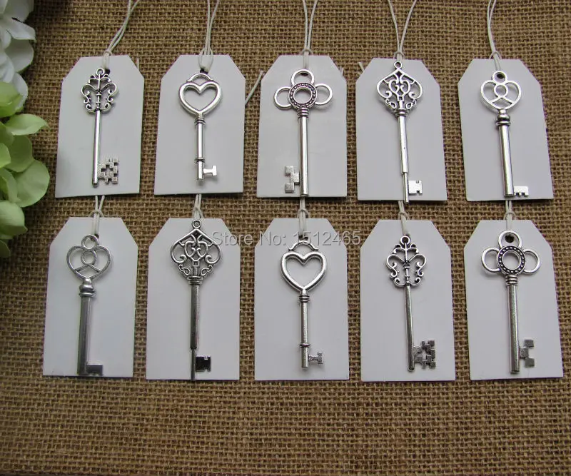 Смешанные 20 шт античный серебряный скелет ключи и 20 шт белые бирки Свадебные Сувальдные ключи Шарм Большой размер 53-68 мм