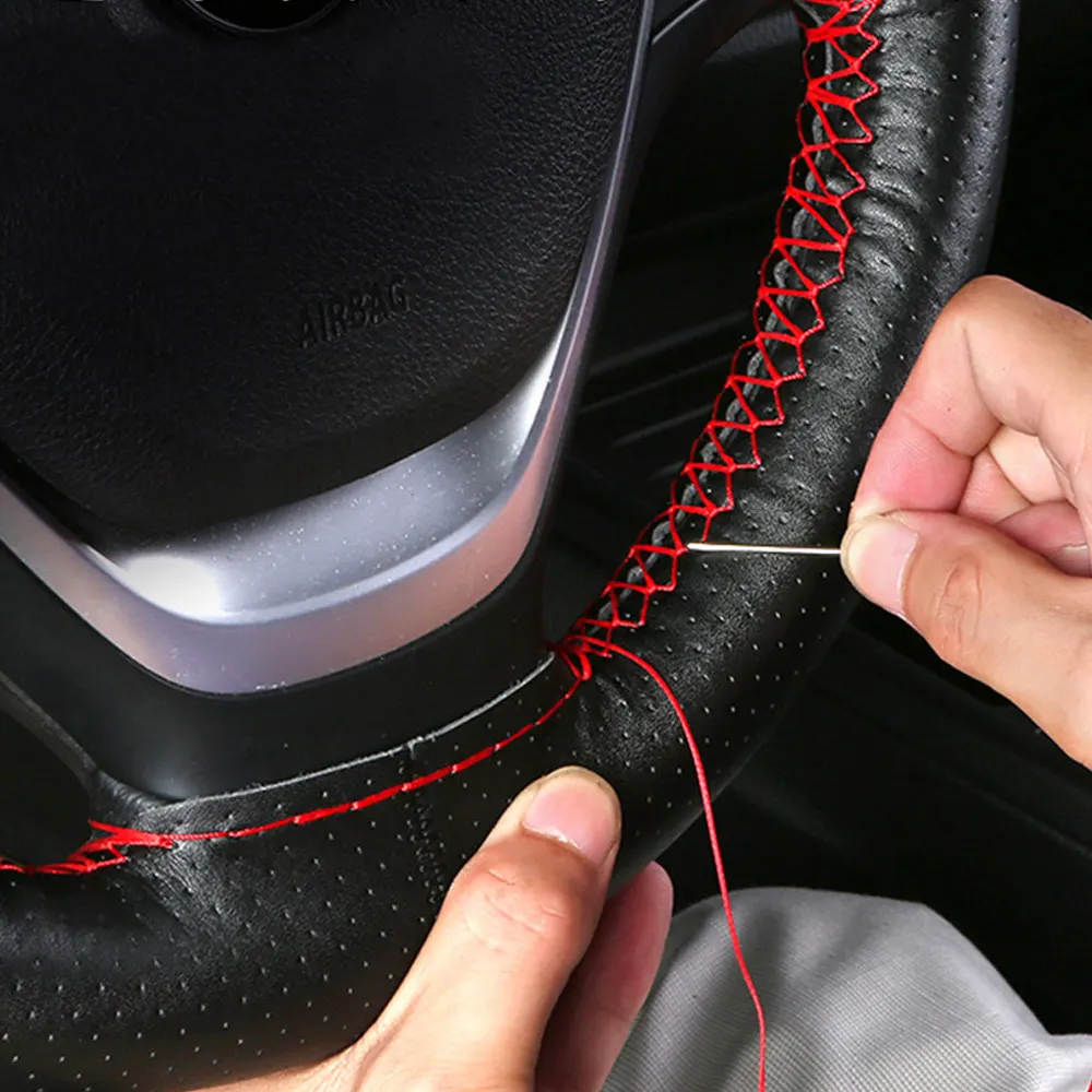

Cow Leather Steering Wheel Cover Soft Self-knitting Anti-slip Safety Protector 38cm /15inch Braid With Needles Thread Universal
