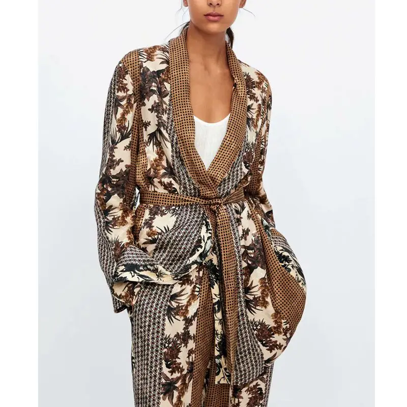 

2019 New Arrival Print Patchwork For Women Long Sleeve With Sashes Blazer High Waist Hit Color Suits