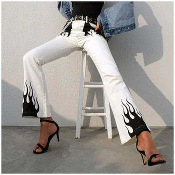 

Color Block Casual Panelled Flame Print High Waist Long Flare Pant Women 2018 New Spring Bottoms Slim Fit Long Trousers Pocket
