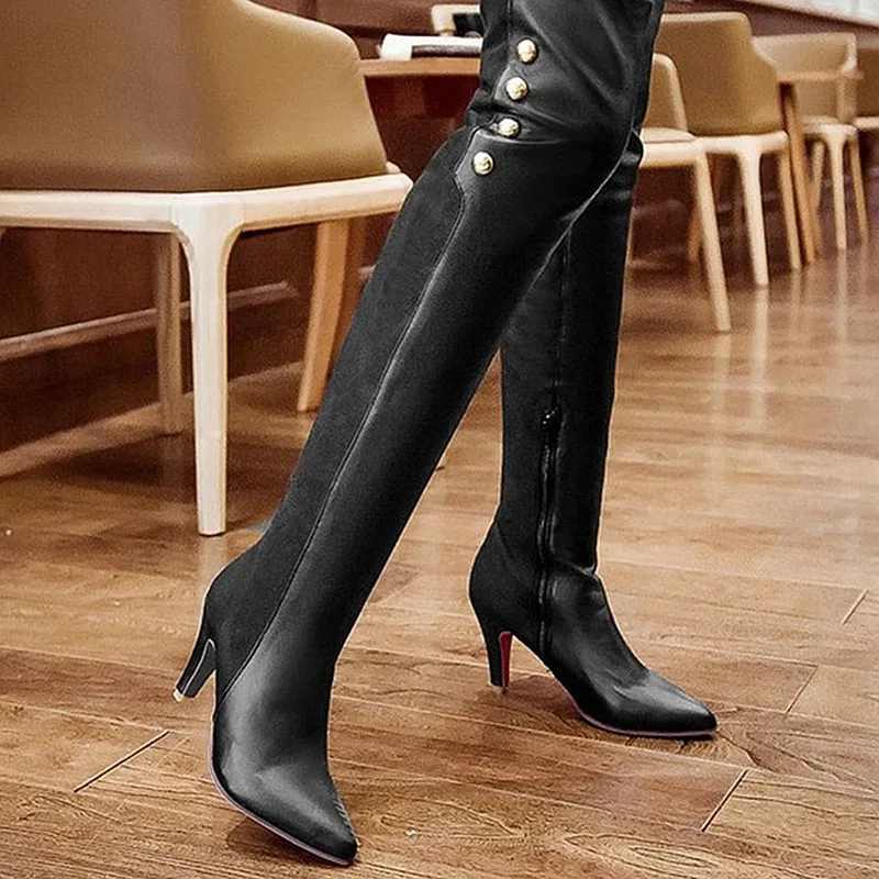 ENMAYLA/ботфорты на высоком каблуке пикантные женские ботфорты из флока и Pu искусственной кожи с острым носком женские высокие сапоги коричневого, черного, абрикосового цвета