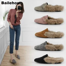 

Bailehou Women Fur Slippers Suede Plush Slip On Mule Shoes Flat Women Casual Loafer Shoes Outside Slides Women Fashion Babouche