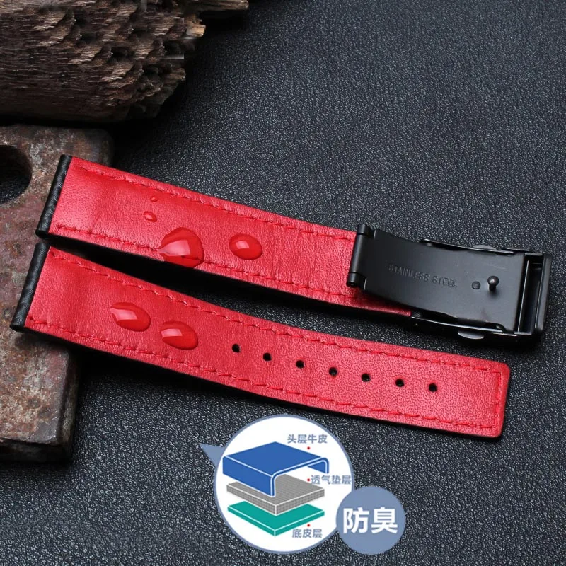 Стиль Натуральная кожа углеродное волокно кожаный ремешок для часов с красной строчкой 20 мм 22 мм черный со складной пряжкой