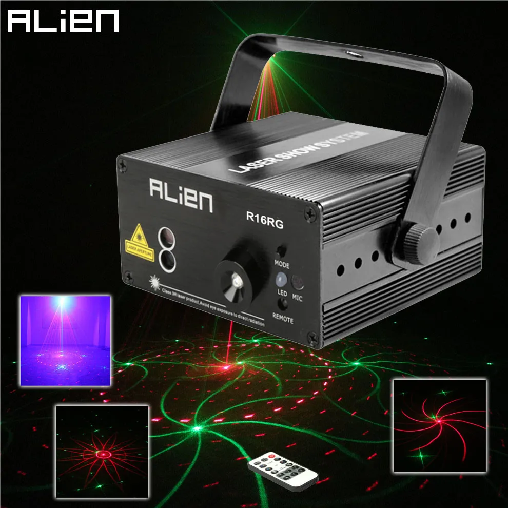 

ALIEN Mini RG 16 Patterns Laser Stage Lighting Effect IR Remote Laser Projector LED Blue Light Dance Party DJ Disco Home Lights