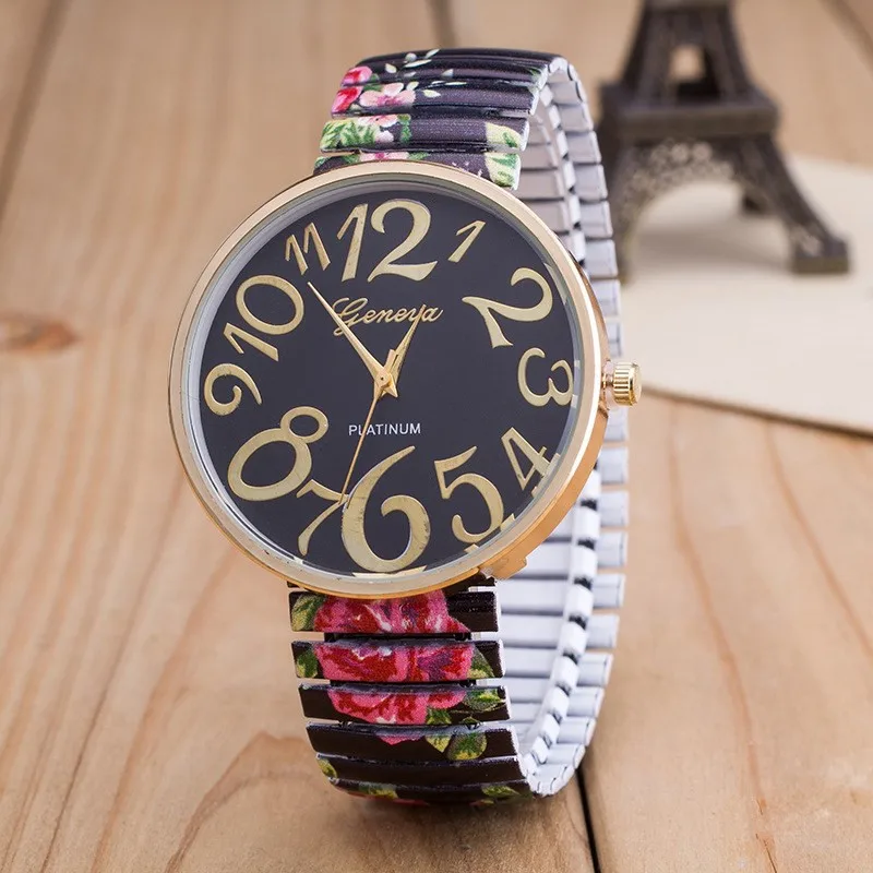 

Hodinky Women Zegarek Damski Printed Color Elastic Band Watch Elastic Band Time Ornament Watch 12 Big Digital Ladies Watches