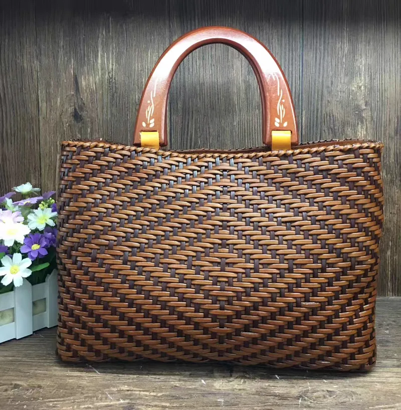 

european and american style handmade real wood handshank leather weaving bag genuine leather handbags for women Casual Bags 2017