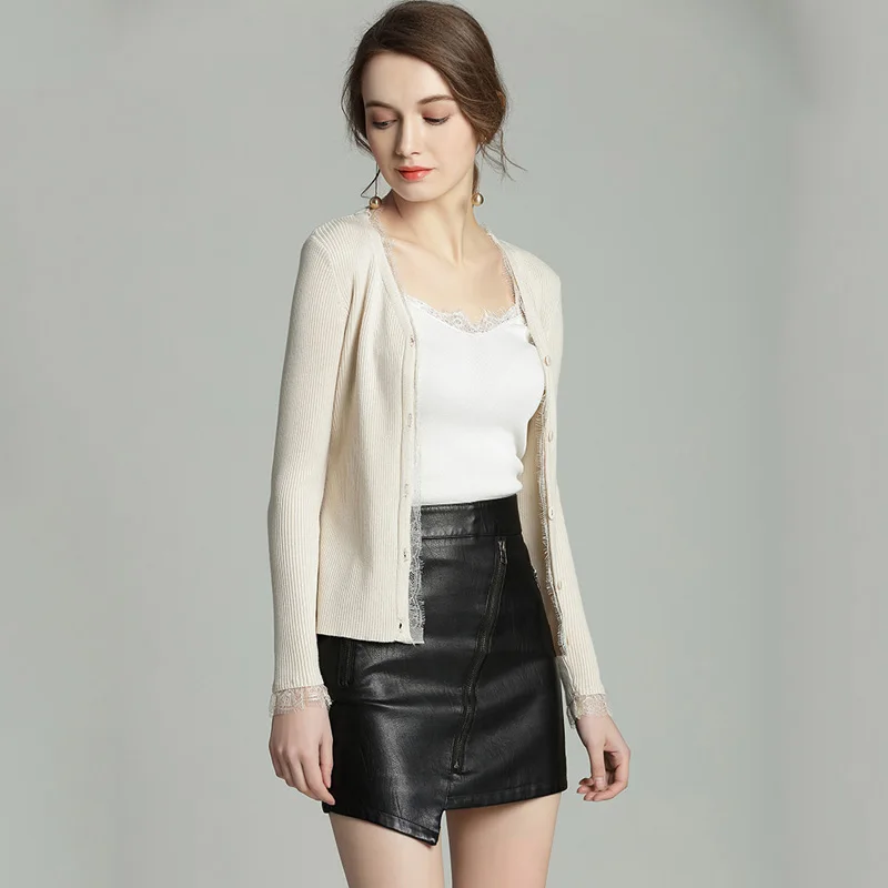 Ly Varey Lin, осень, v-образный вырез, Женский вязаный свитер, кардиган, пальто, тонкий, черный, кружево, пэчворк, однобортный, хлопок, женская верхняя одежда