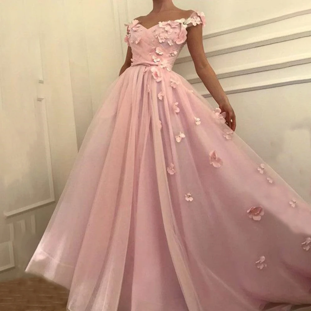

Flower Beaded Off Shoulder V Neck Prom Dresses A Line Open Back Evening Formal Party Dress with Sash Flowers Vestido De Fiesta