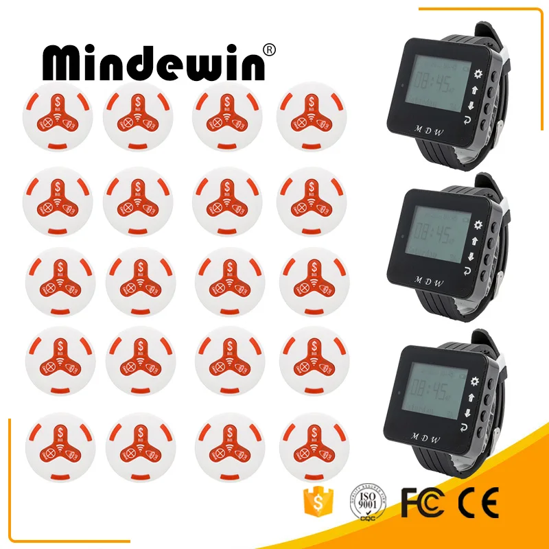 Mindewin передатчик вызова ButtonM-K-3 и Смарт часы M-W-1Receiver ресторан пейджер Беспроводная система вызова питание оборудование - Цвет: White Red