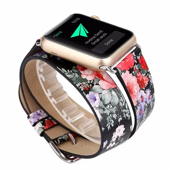 

38/42mm Watchbands for iwatch Bracelet Leather Strap Replacement Watchbands with Classic Buckle for Apple Watch Ink Flower Women