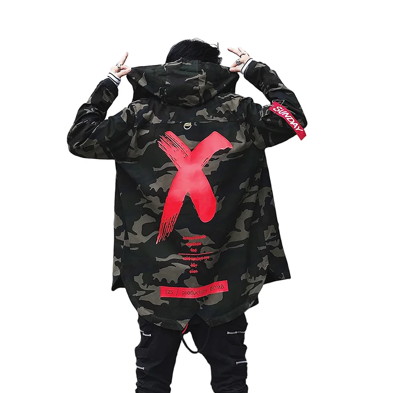 

2018 Spring New X Graffiti Print Men Hooded Trench Coats Male Street Hip Hop Loose Outwear Camouflage Windbreaker Outerwear