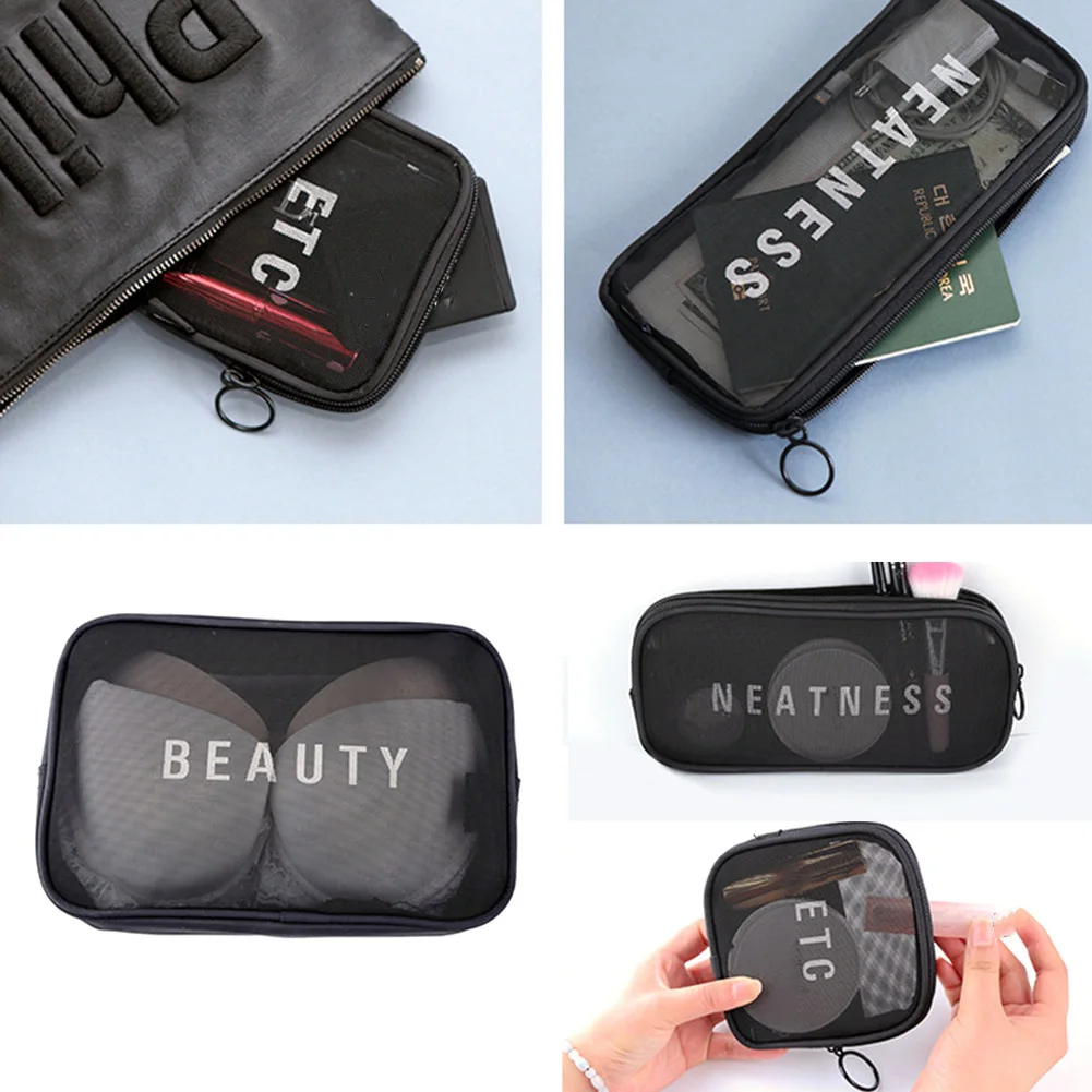 3PCS/Set Makeup Bag Pouch Cosmetic Multifunctional Necessaries Storage Toiletry Mesh Underwear Wash Letter Print Letters Random