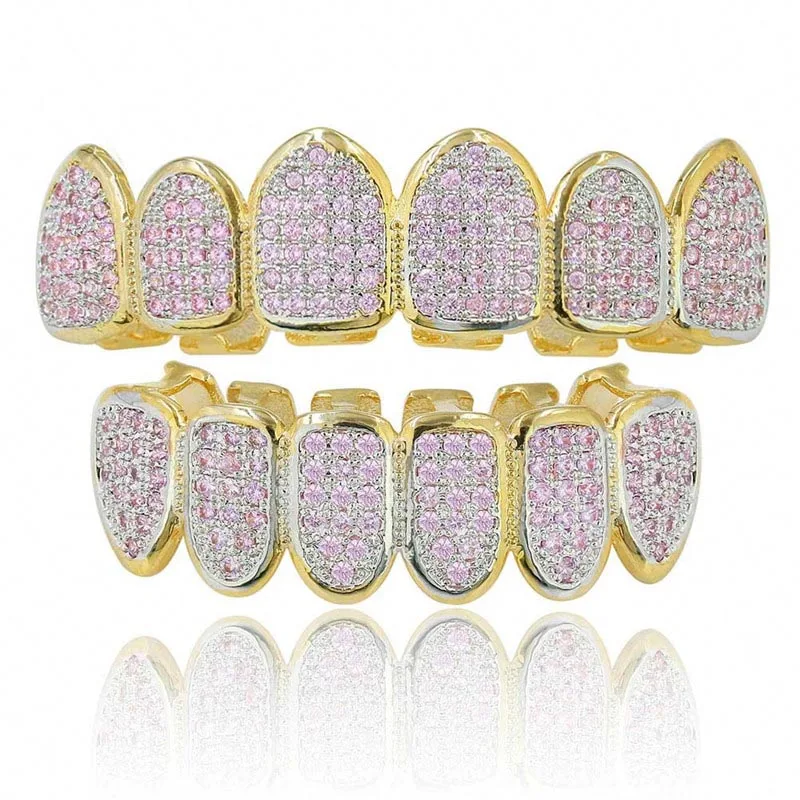 

Hip Hop Teeth Grillz Iced Out AAA Zircon Top & Bottom Tooth Set For Men Women Pink Color Fashion Tooth Grillz