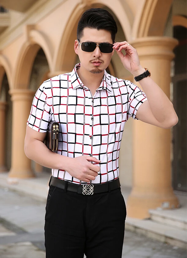 

High quality plaid shirts Mercerized cotton stretch shirt short sleeve men camisa shirt size M- 7XL