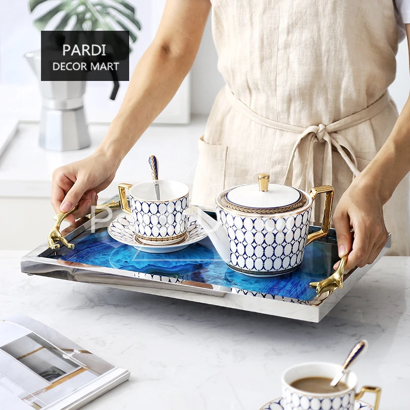 Luxuriant Rectangle Imitating agate metal glass trays decoration