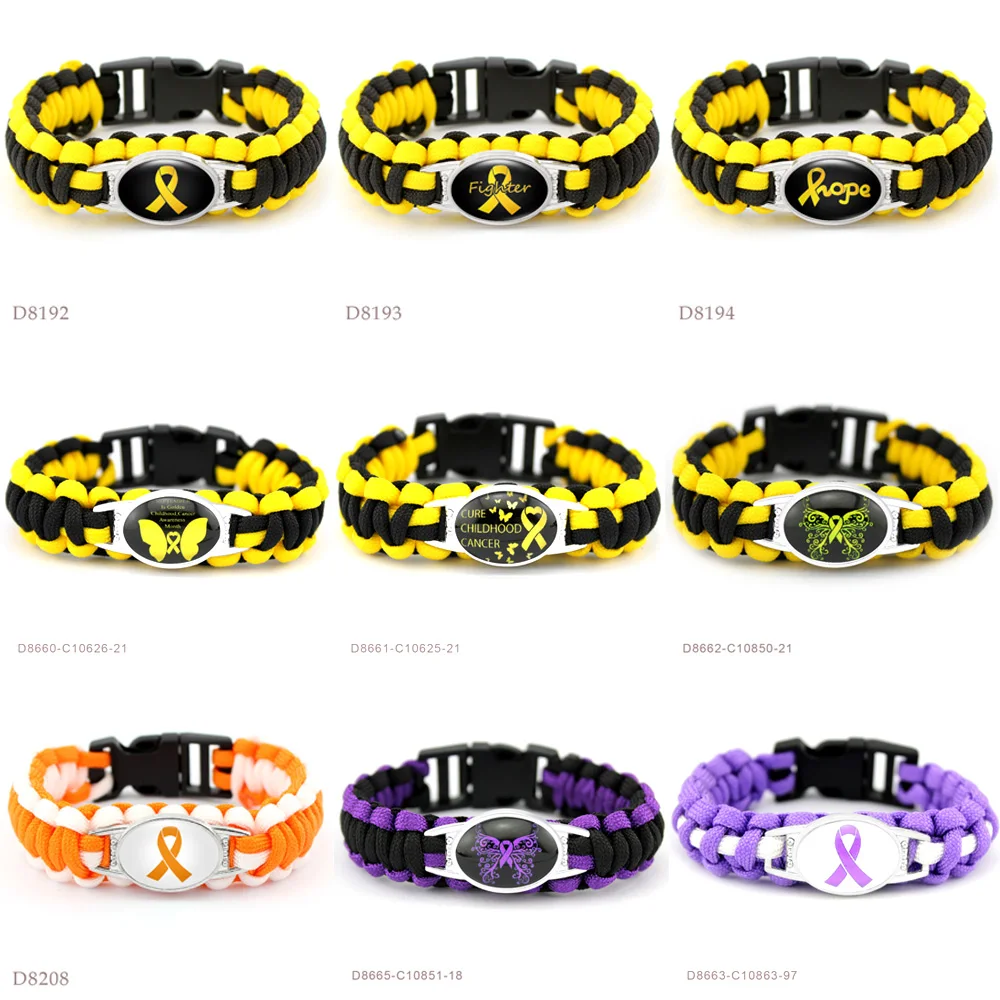 الشريط الوردي سرطان الثدي سرطان الوعي بقاء Paracord سحر أساور 18*25mm الزجاج كابوشون الرجال النساء مجوهرات هدية