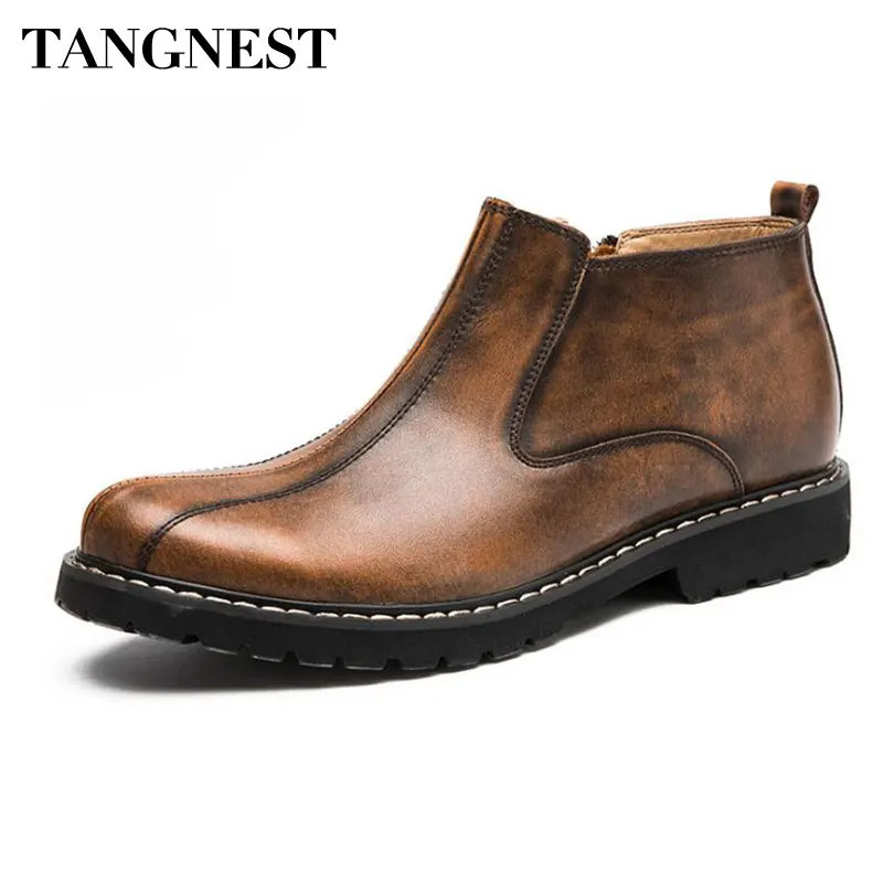 

Tangnest Men Cow Leather Ankle Boots NEW Autumn British Style Zipper Boots Retro Western Boot Man Dress Shoes Size 38~44 XMX902