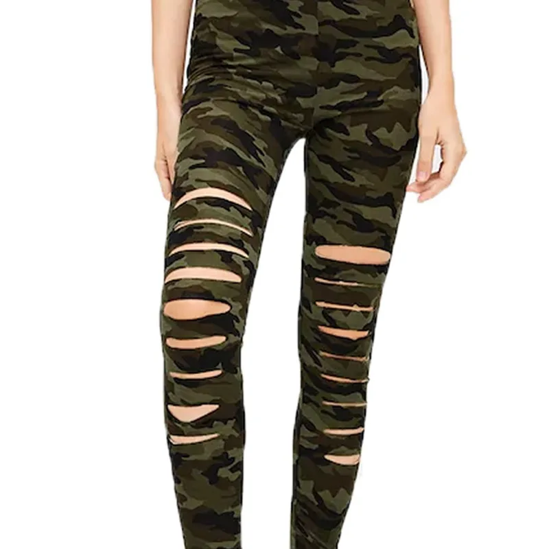

Lady Patchwork Print Camouflage hole Leggings For Girls Running Fitness Stretch Active Army Green Slim Sports ripped Pants