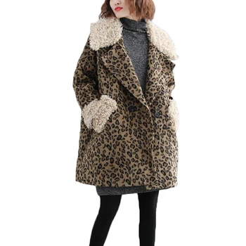 

New Winter Leopard Wool Coat Women Thick Warm Fleece Trench Parka Plus Size Pea Coat Woolen Clothes Female Abrigo Largo
