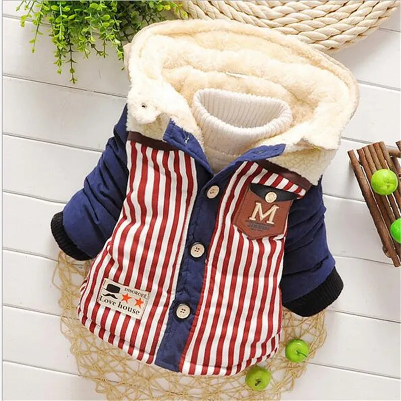 Осень Зима мода Детские карманные Полосатый Теплый Пальто Верхняя Одежда Парки