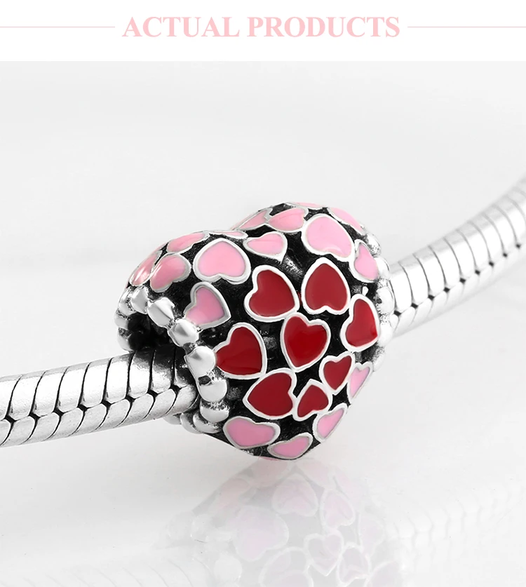 925 пробы, серебряные, красные, розовые эмалированные бусины в форме сердца, Женские аксессуары, подходят к оригинальным браслетам Pandora, ювелирные изделия