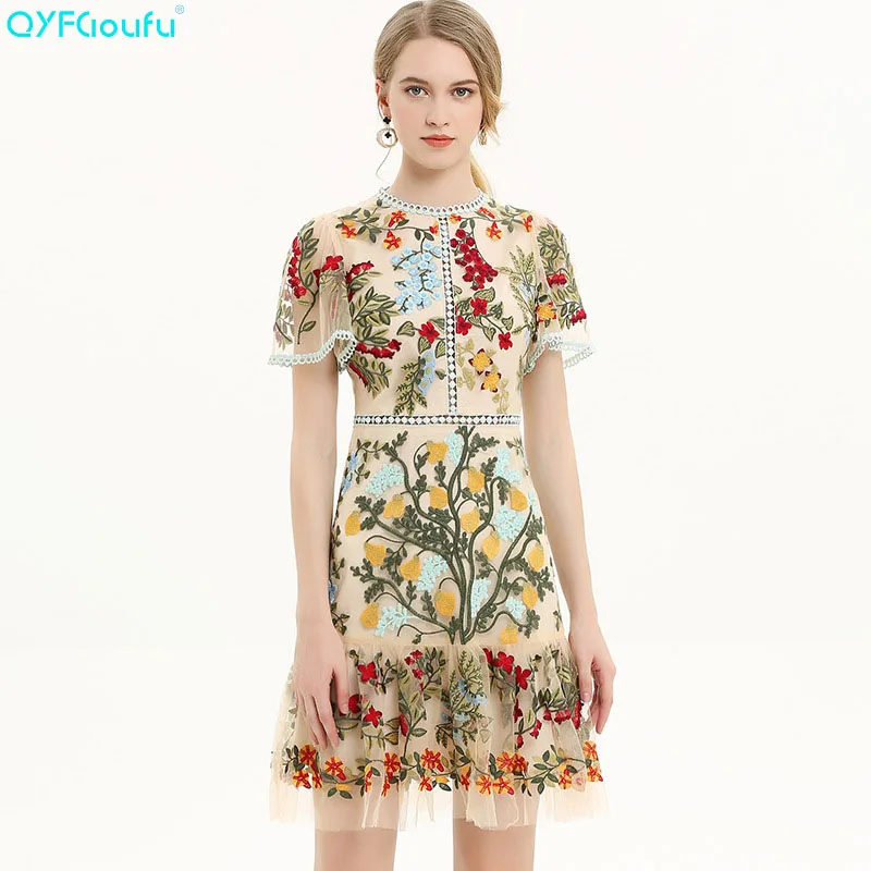 

QYFCIOUFU 2019 Floral Embroidery Dress Women Knee-length Dress Summer Short Sleeve High Fashion Runway Designer Fishtail Dresses