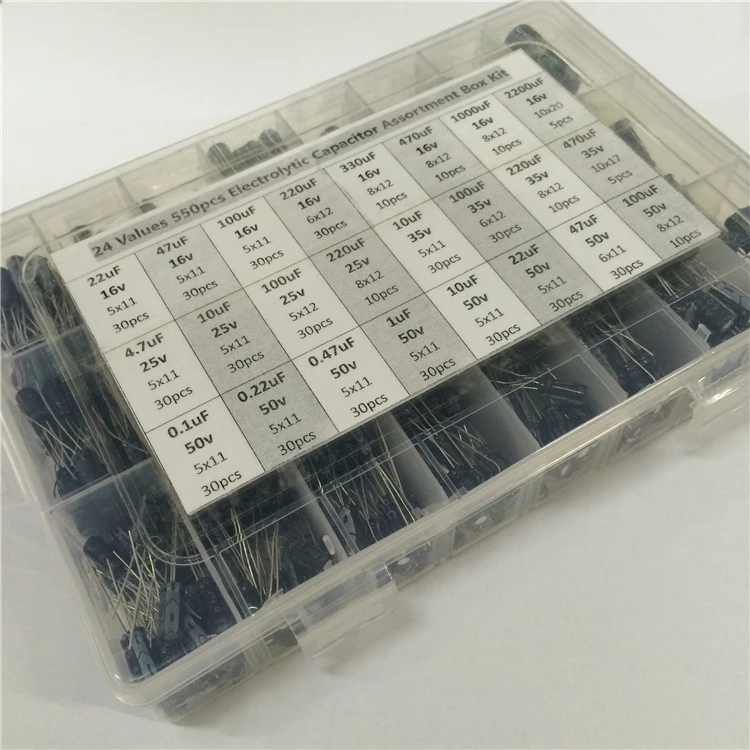 24 Values 550pcs 16V 25V 35 50V 0 1uF To 2200uF Mix Electrolytic Capacitor Assorted Kit
