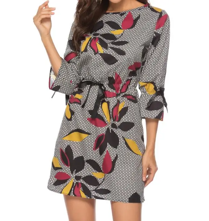 AVODOVAMA M New Spring Summer Long Sleeve Women Dress Fashion Casual O-Neck Sashes Print Straight Mini Dresses | Женская одежда