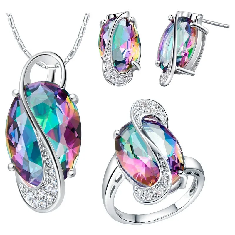 

Zirconia CZ Queen Sapphire Amethyst Gift Women's Ring Earrings Necklace Set 18k White Gold Filled Set Filled silver Wholesale