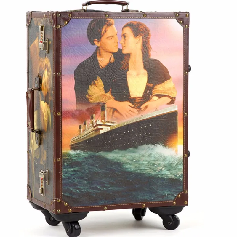 Багаж 20 24 дюймов чемодан HardShell искусственная кожа Дерево 4 колеса Дорожная тележка картина кабина багаж ретро-доска шасси lockbox