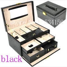3 слоя Черный Роскошный pu кожаный ювелирный ящик серьги стенд для ювелирных украшений Подарочная коробка(28,5*19*16 см