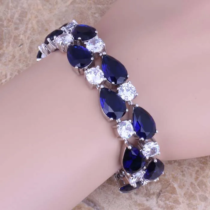 

Gallant Blue Cubic Zirconia White CZ 925 Sterling Silver Link Chain Bracelet 7 - 8 inch S0672