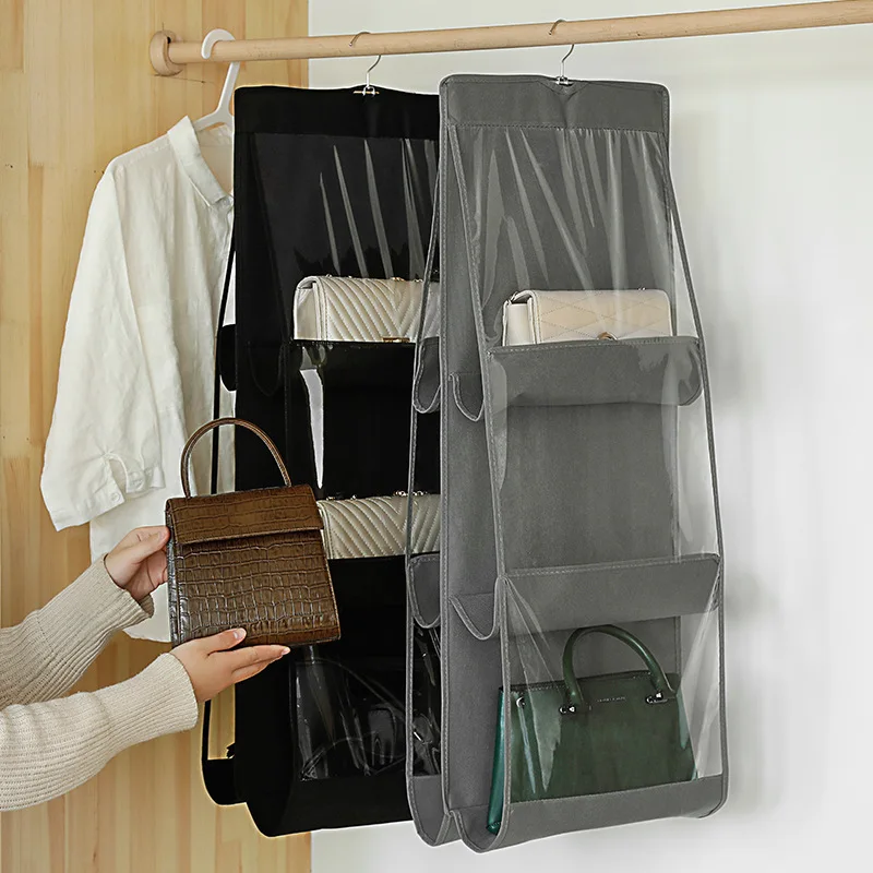 

6 Pocket Hanging Handbag Organizer for Wardrobe Closet Transparent Storage Bag Door Wall Clear Hanging Pouch with Hanger