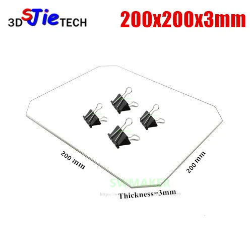 

200x200x3mm Borosilicate Glass plate with cut corners + 4 Bed Clips for Wanhao Duplicator i3 Plus 3D Printer