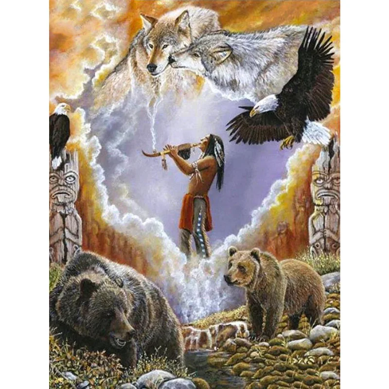 Алмазная картина Полная площадь Алмазная мозаичная картина из горного хрусталя американские туземцы человек и волк Настенный декор