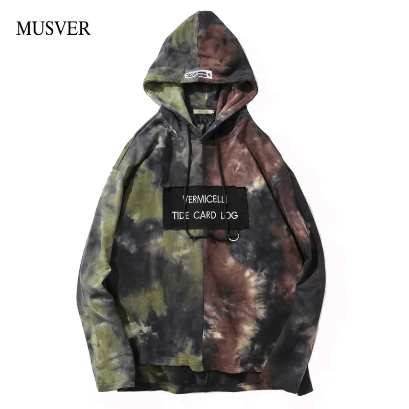 MUSVER Tie Dyeing Patchwork Long Sleeve Sweatshirts Mens