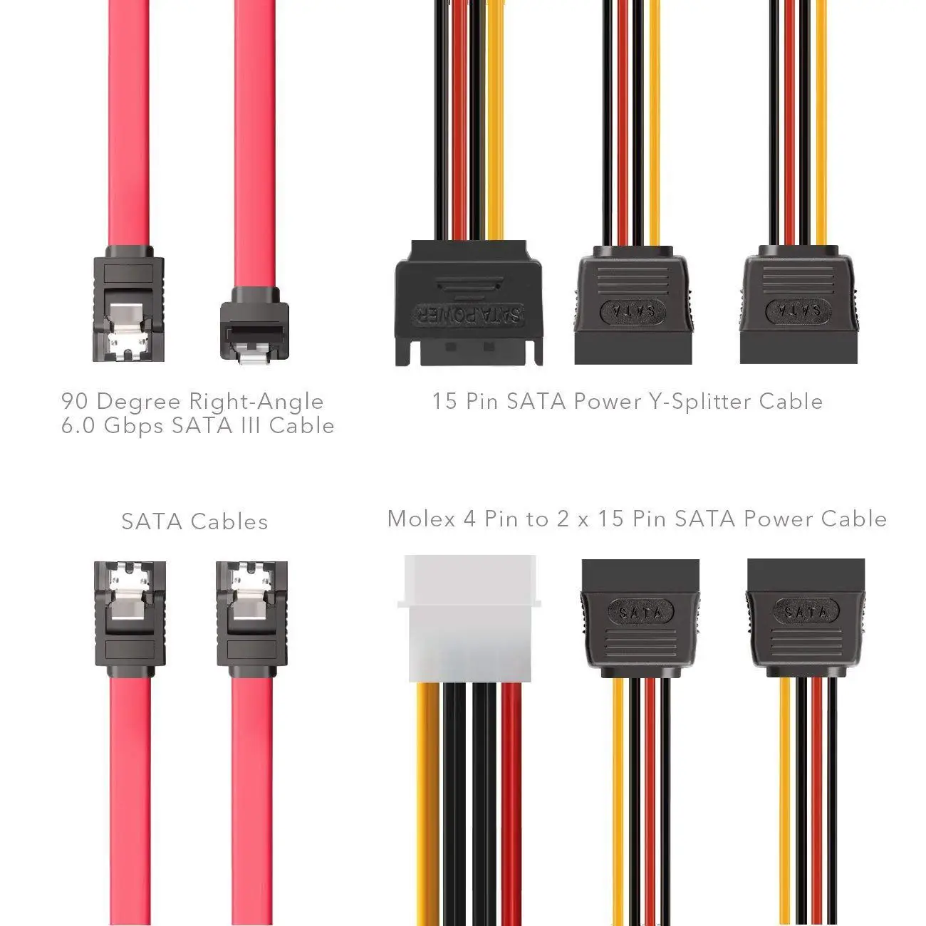 Кабели для подключения жесткого диска SSD/SATA III (1x4 Pin to Dual 15 Pin SATA power Splitter кабель, 1x15 Pin to Dual 15 Pin SATA
