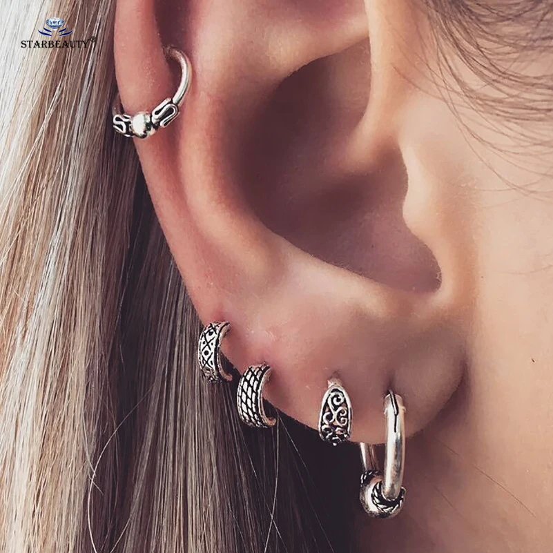 

Starbeauty 5 pcs/lot Punk Barrel Ear Piercing Helix Piercing Cartilage Hoop Earrings Set Fake Nose Septum Tragus Pircing Jewelry