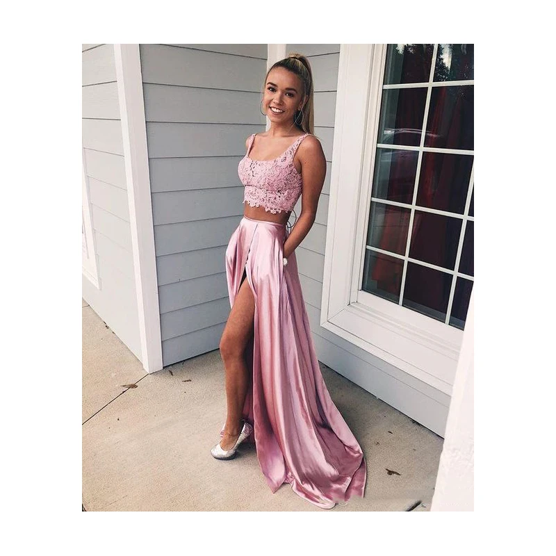 

Charming A Line Two Piece Square Collar Cross Back Split Blush Pink Lace Long Prom Dresses 2019 Elegant Evening Party Dresses