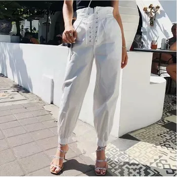 

Casual Metal eyelets Lacing up Elastic High Waist Cargo Pants 2018 New Woman Elastic Cuff Ankle-Length Trousers Long Pants 3 CLR
