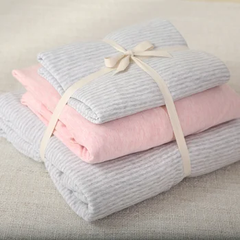 

100% Cotton Jersey Knitted Fabric Soft 4pcs gray stripe quilt cover with pink fitted sheet King bedclothes