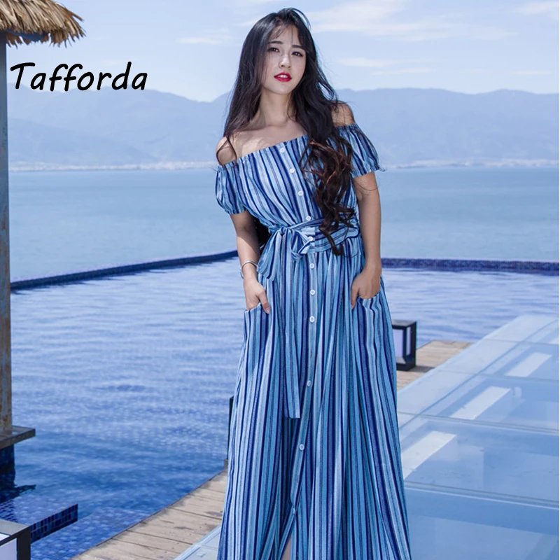 

Tafforda 2018 Spring and Summer New Original Design Bohemian Holiday Dress Blue Stripes Woman Lady Dresses Seaside Leisure
