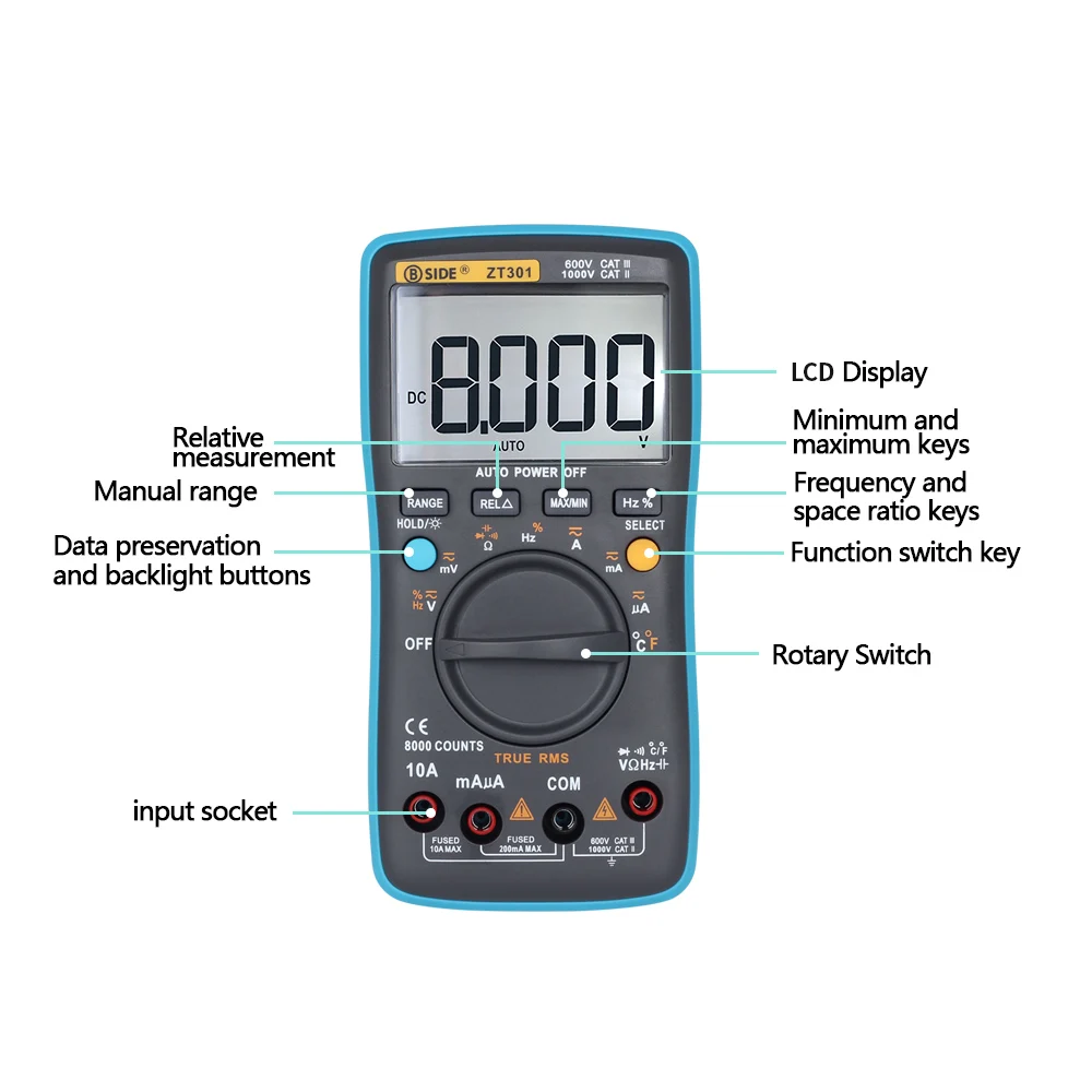 BSIDE ZT301 цифровой True RMS Автоматический диапазон 8000 отсчетов мультиметр AC DC Ток Сопротивление напряжения Емкость Частотомер