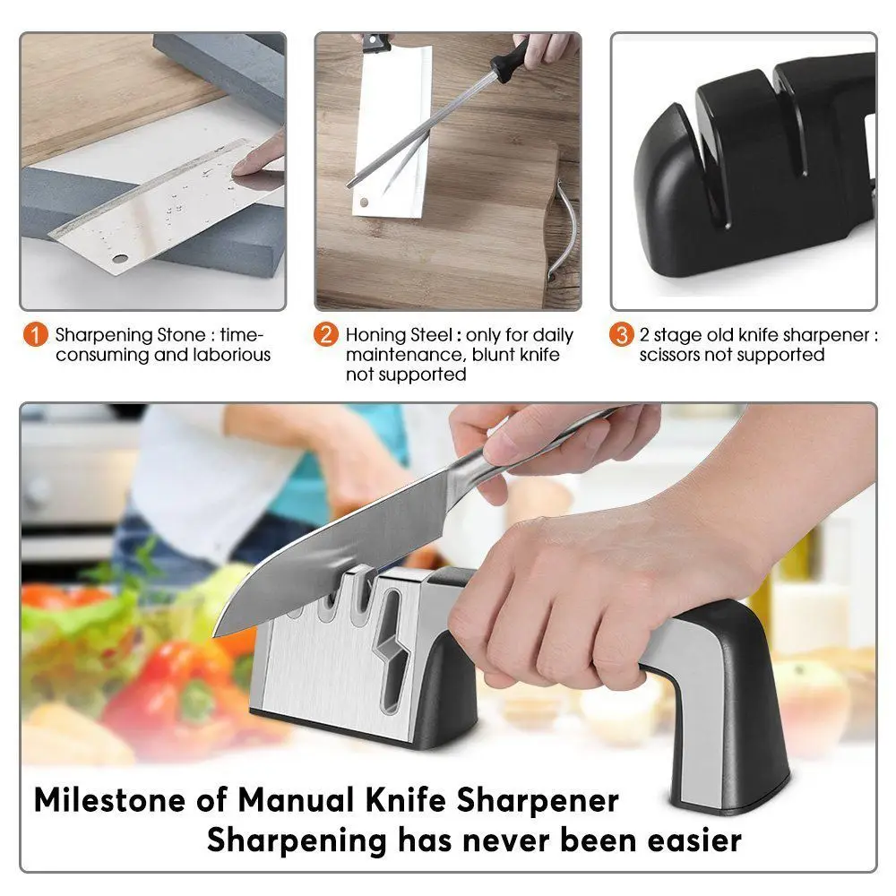 Ножи и заточка для ножниц, Кухня точилка для ножей 4-в-1 ручной Системы с 3-я ступенями Ножи инструмент для заточки с Non-slip база и E