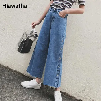 

Hiawatha 2018 Wide Leg Pants Button Split Jeans Women High Waist Loose Denim Pants JST035