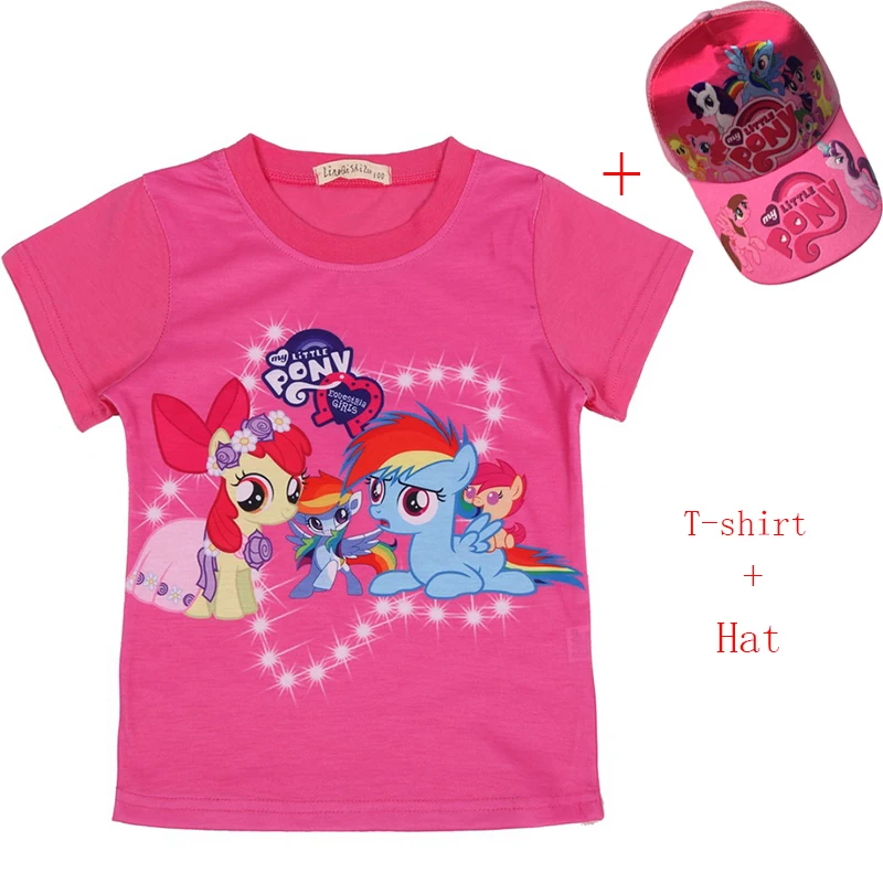 

New Baby Summer kids tshirt My Little Baby Cute Girls Cap tshirts for girl pony Clothes Children Party T-shirt Costumes with hat
