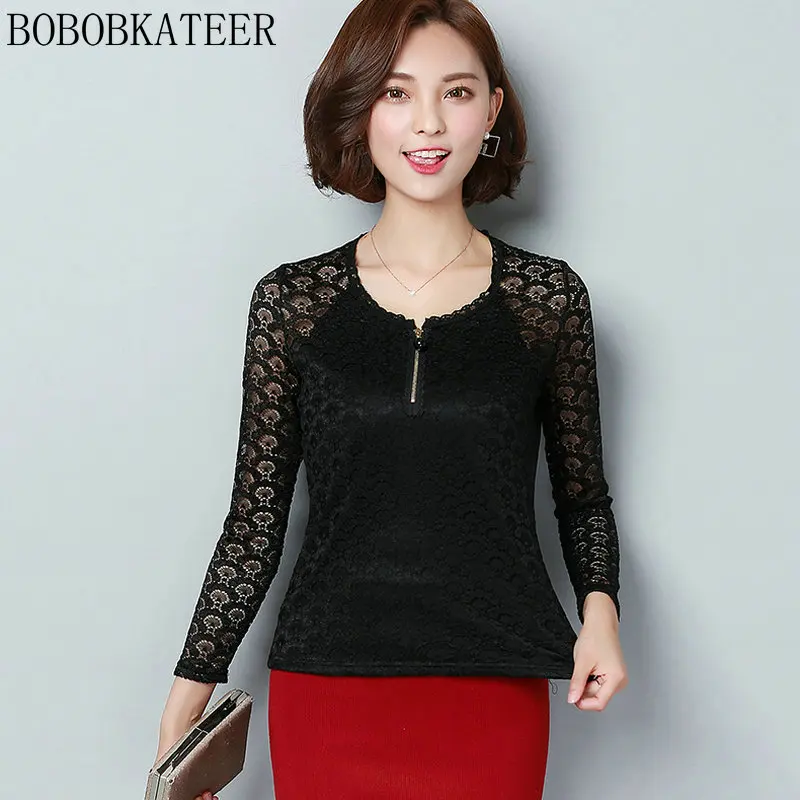 BOBOBKATEER 2018 Autumn Black Lace Round Neck Tops And Blouses Blusas Mujer De Moda Chemise Femme Camisa Feminina Women Blouse |