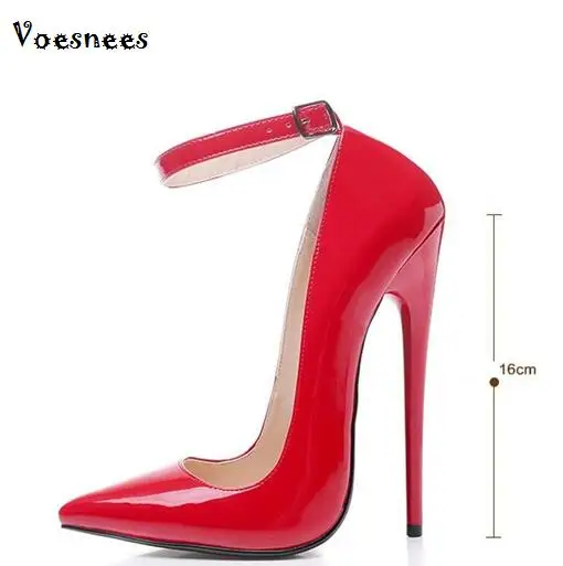 

Women Shoes Pumps Sexy Word Buckle Super High Heel 14/16 cm Heel Big yards Shoes Patent Leather Pointed Shoes Large-size 35-45